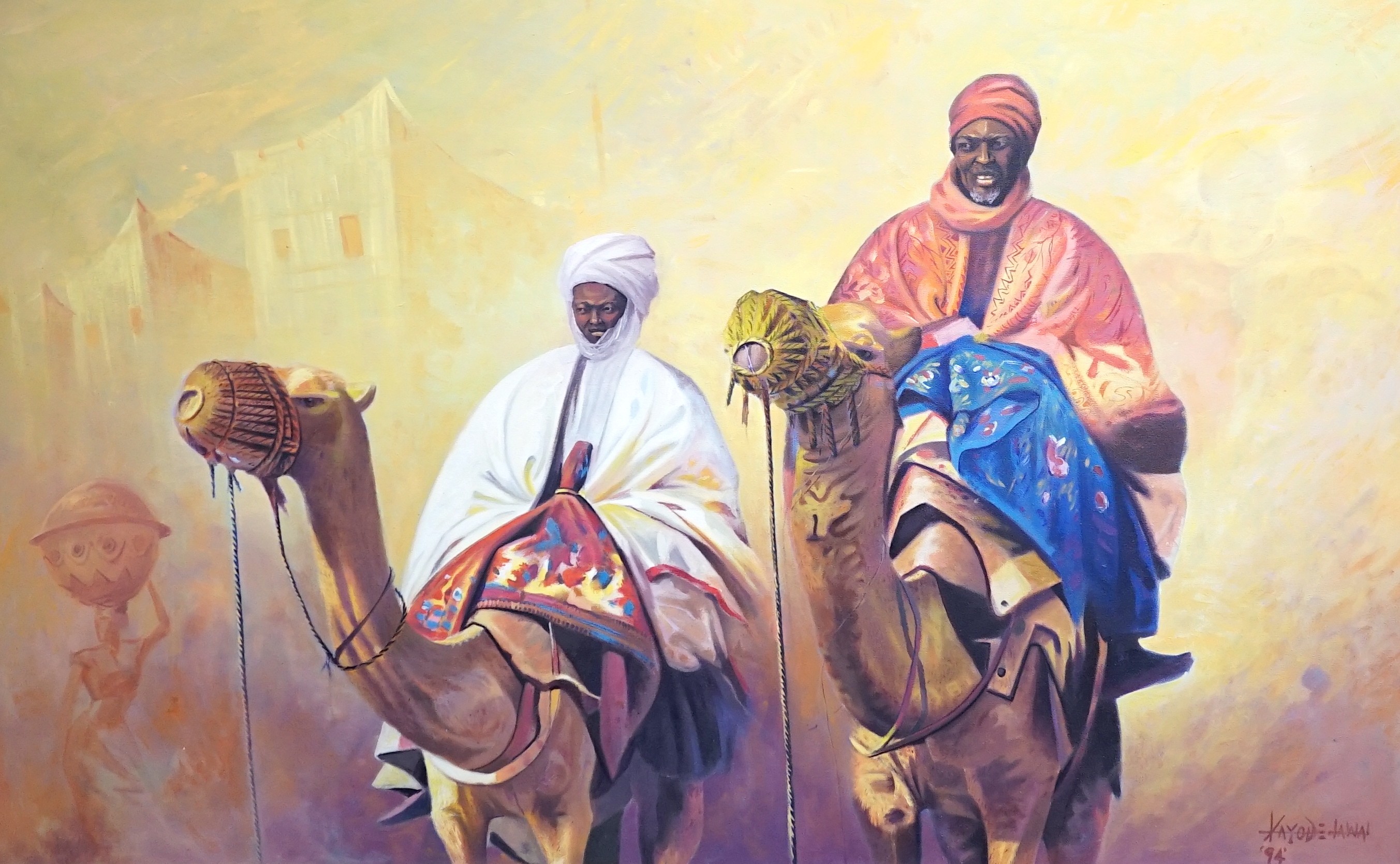 Xayod Jawal, oil on canvas, 'Camel riders', signed and dated '94, 74 x 118cm